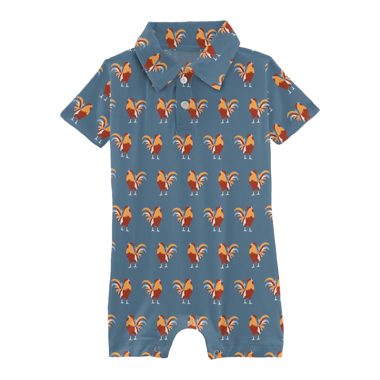 Print Short Sleeve Polo Romper in Parisian Rooster