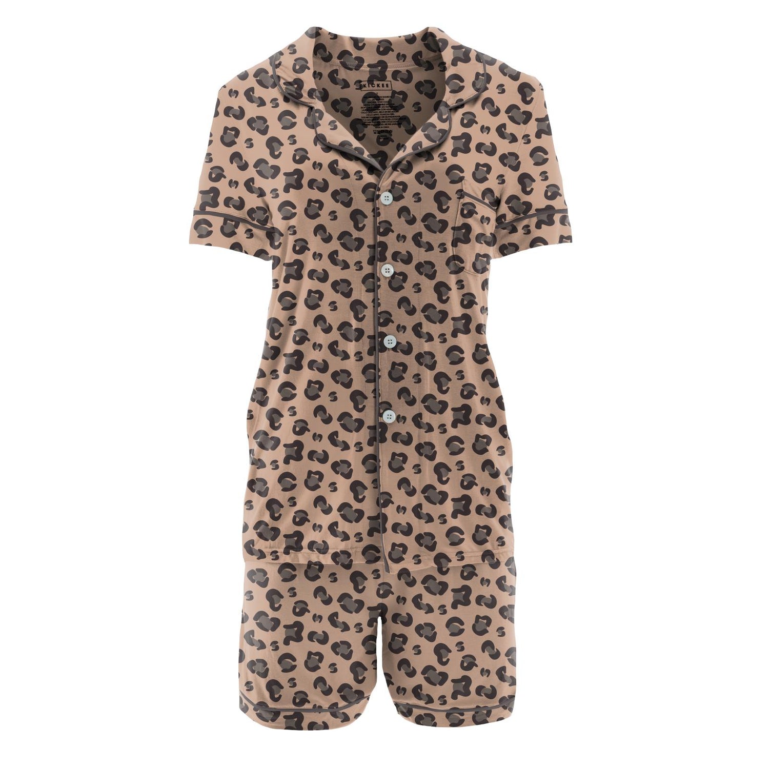 Women's Print Short Sleeve Collared Pajama Set with Shorts in Suede Cheetah Print